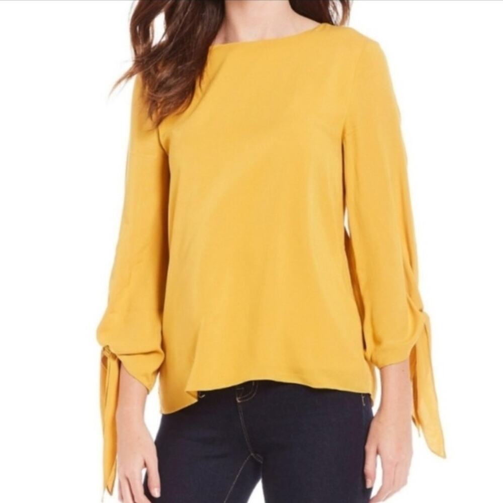 NWT Cremieux blouse tie sleeves yellow gold sz S LSU Notre Dame Baylor